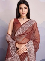 Red Brown Gold Infused Twill Net Saree